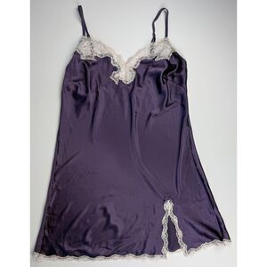 Victoria's Secret Purple Satin Slip Ivory Lace Trim Size L Y2K